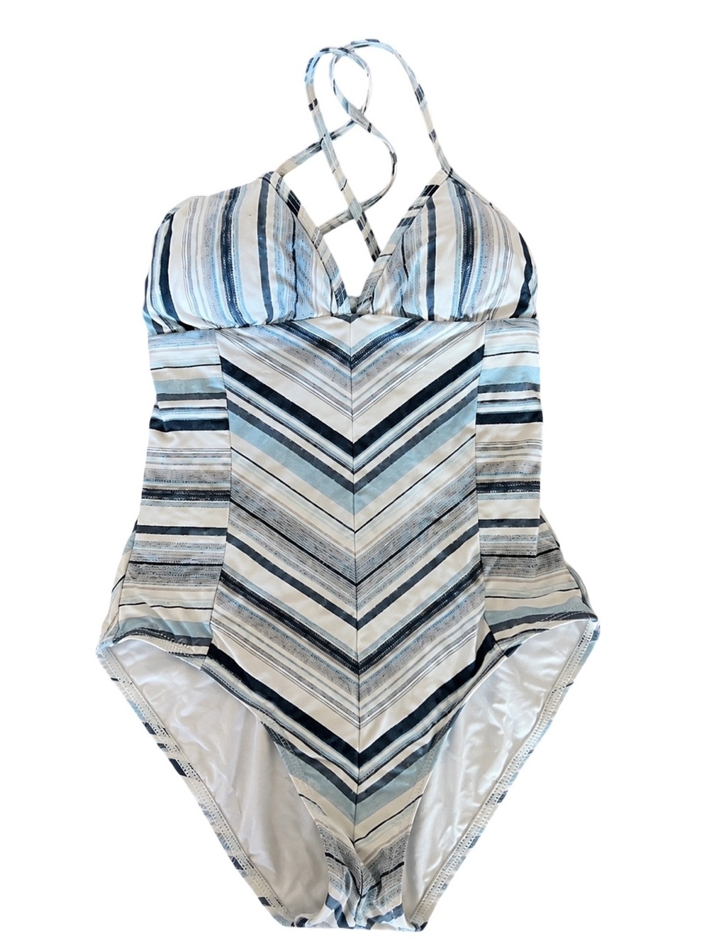 Splendid One Piece Swimsuit Blue Gray Stripe Halter Tie Back Women’s Size SM
